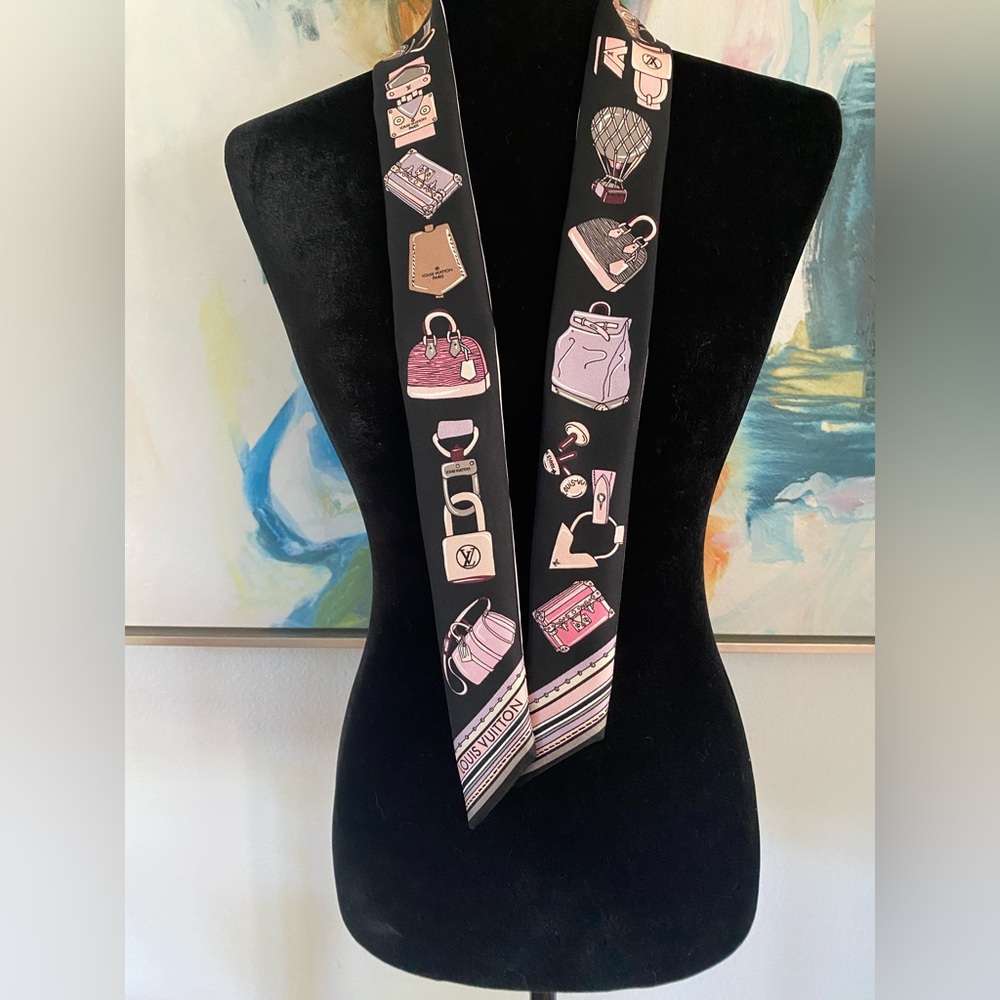 Louis Vuitton 100% Silk Black and Pink reversible Scarf with Playful Motifs.